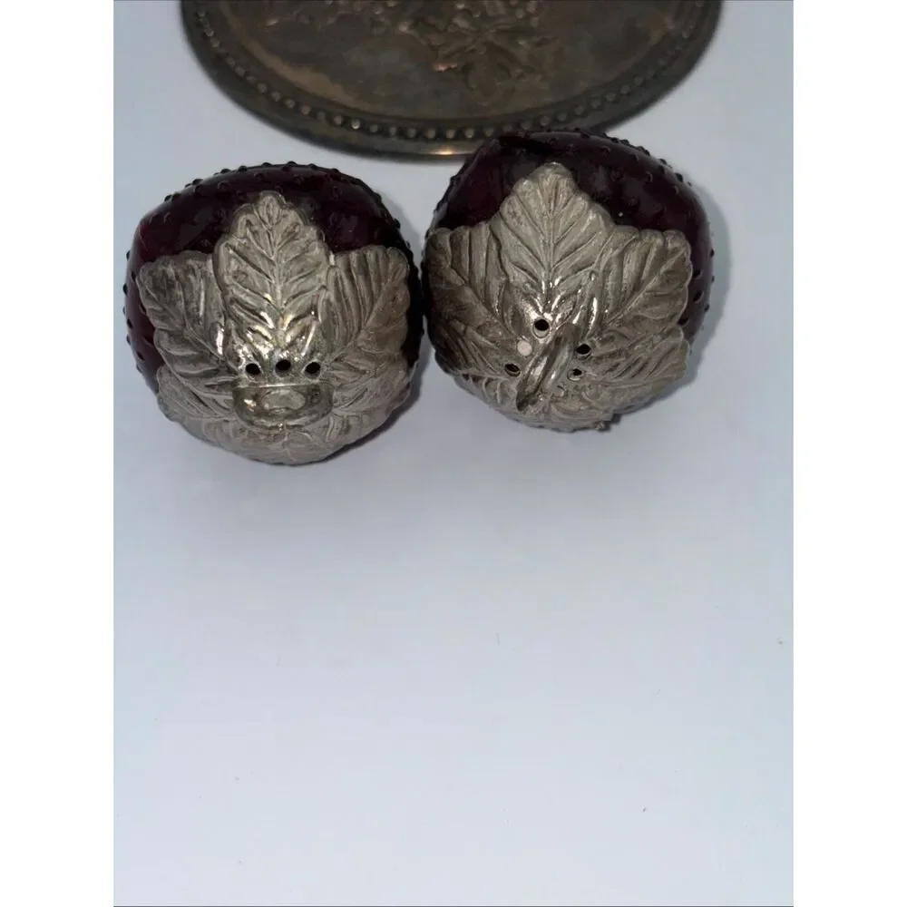 Vintage Red Glass Hanging Strawberry Salt & Pepper Shakers With Silver Stand